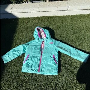The North Face Reversible Hooded Jacket Teal with Pink Accents 3T